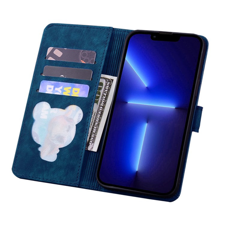 For iPhone 16 Plus Case Flower Cat Imprinted Leather Phone Cover with Card Holder Wallet - Blue