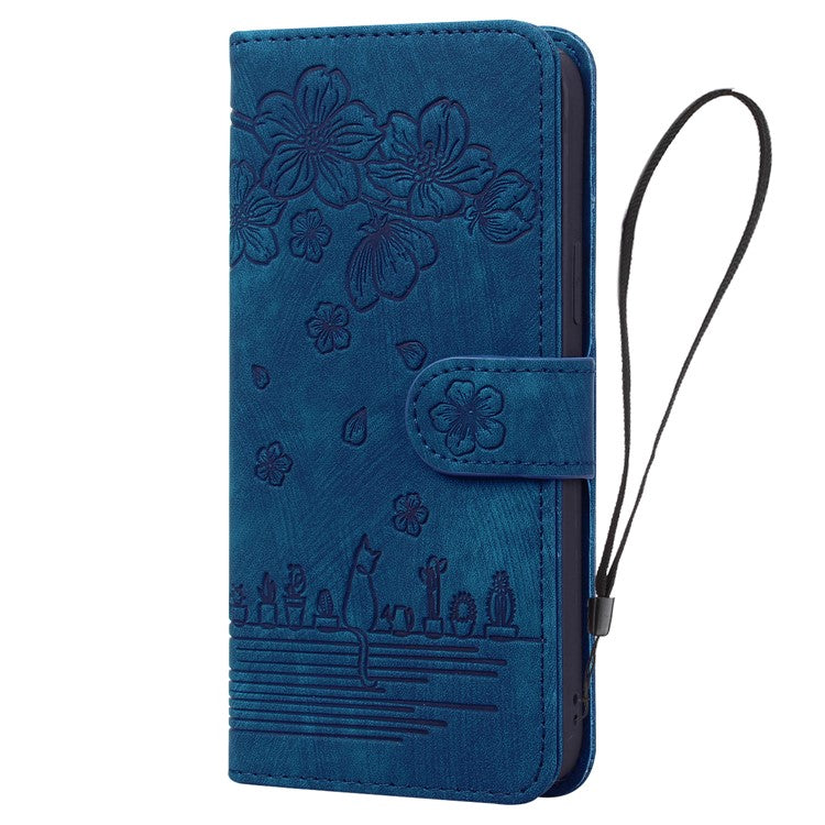 For iPhone 16 Plus Case Flower Cat Imprinted Leather Phone Cover with Card Holder Wallet - Blue