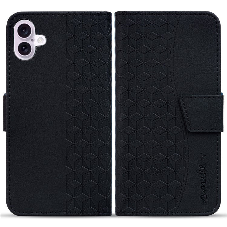 For iPhone 16 Plus Case PU Leather Phone Cover Wrist Strap Rhombus Pattern - Black