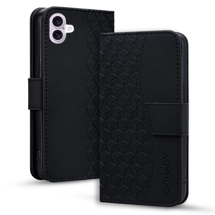 For iPhone 16 Plus Case PU Leather Phone Cover Wrist Strap Rhombus Pattern - Black