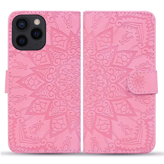 For iPhone 16 Pro Case PU Leather Flower Imprinted Phone Cover Card Slots Viewing Stand - Pink