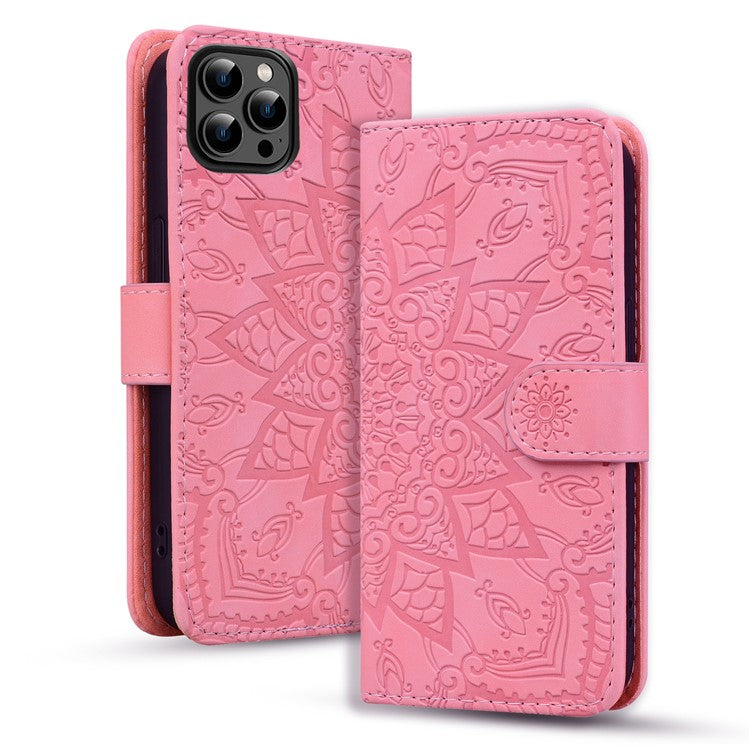 For iPhone 16 Pro Case PU Leather Flower Imprinted Phone Cover Card Slots Viewing Stand - Pink
