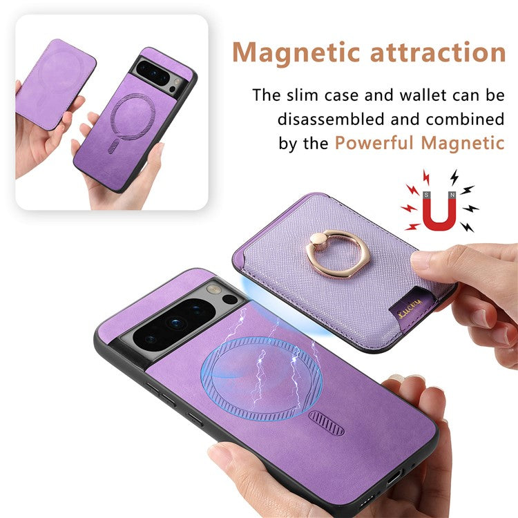 For Google Pixel 8 Pro Magnetic Case Detachable Card Holder Leather+TPU Phone Cover - Purple