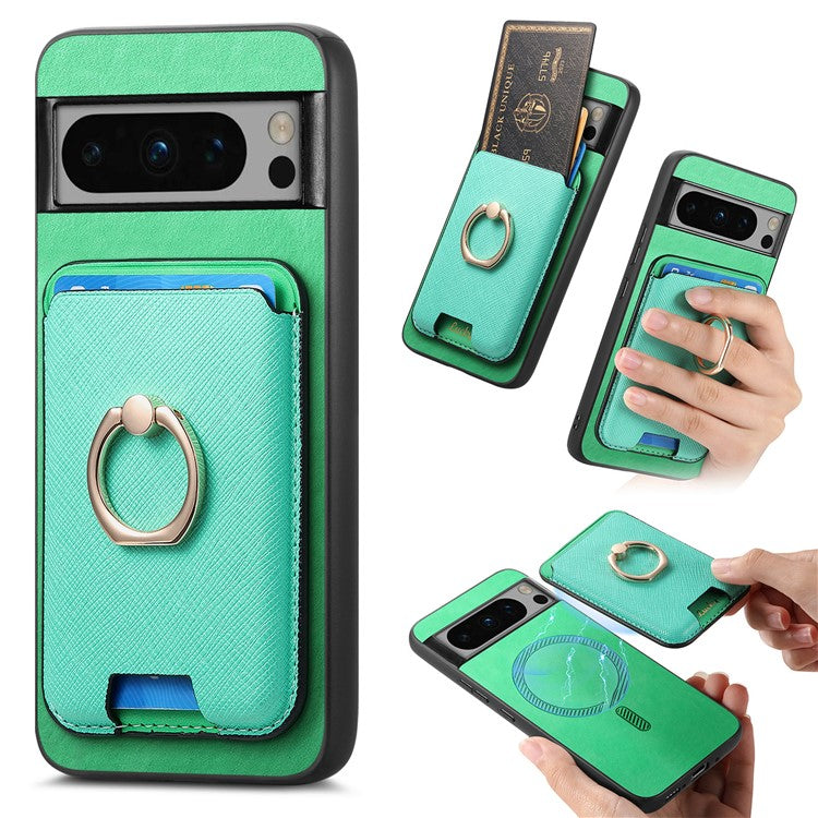 For Google Pixel 8 Pro Magnetic Case Detachable Card Holder Leather+TPU Phone Cover - Green