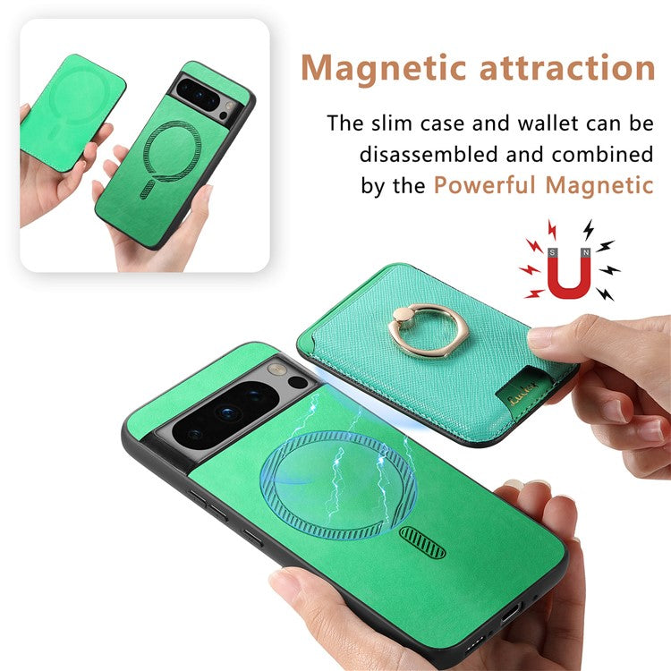 For Google Pixel 8 Pro Magnetic Case Detachable Card Holder Leather+TPU Phone Cover - Green