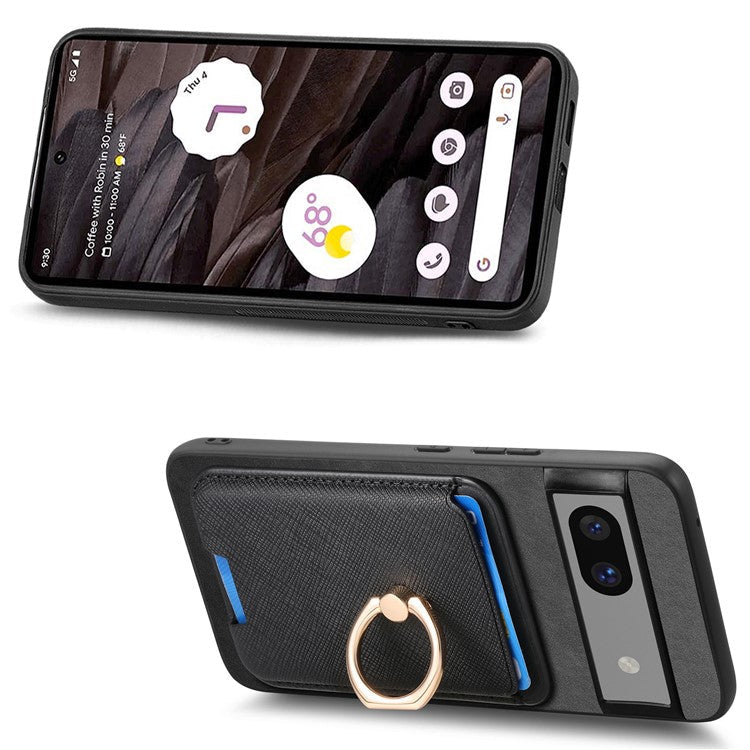 For Google Pixel 7a Case Detachable 2-in-1 Phone Cover with Ring Holder Card Bag - Black