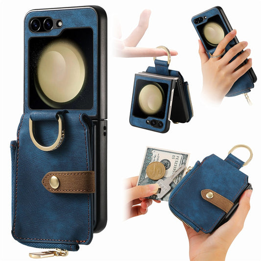 For Samsung Galaxy Z Flip7 FE 5G / Z Flip6 5G Case Zipper Pocket Finger Ring Retro Leather+PC Phone Cover - Blue