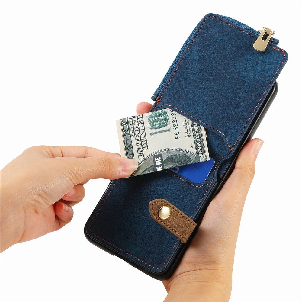 For Samsung Galaxy Z Flip7 FE 5G / Z Flip6 5G Case Zipper Pocket Finger Ring Retro Leather+PC Phone Cover - Blue