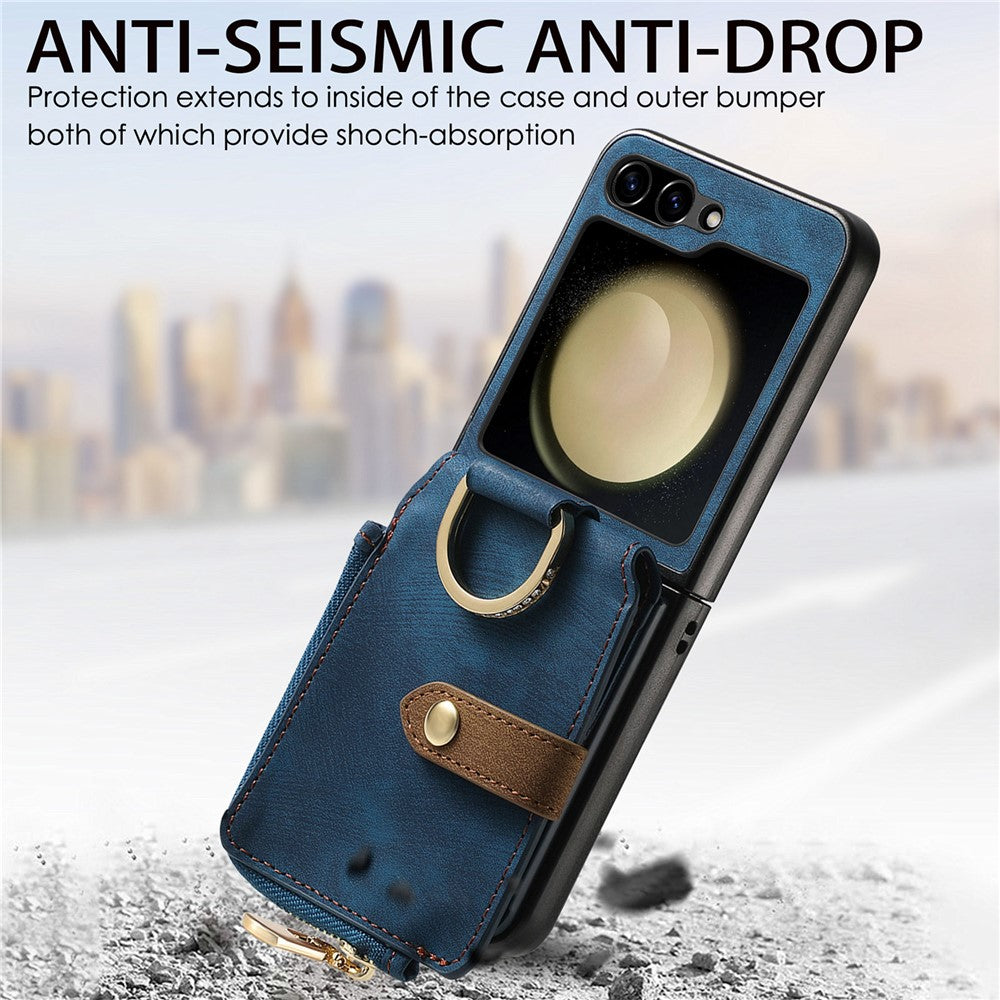 For Samsung Galaxy Z Flip7 FE 5G / Z Flip6 5G Case Zipper Pocket Finger Ring Retro Leather+PC Phone Cover - Blue