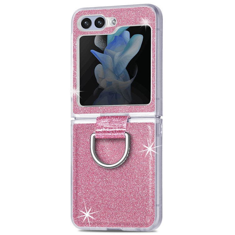 For Samsung Galaxy Z Flip6 5G Case Leather+PC Glitter Phone Cover Rhinestone Ring Holder - Pink