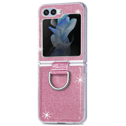 For Samsung Galaxy Z Flip6 5G Case Leather+PC Glitter Phone Cover Rhinestone Ring Holder - Pink