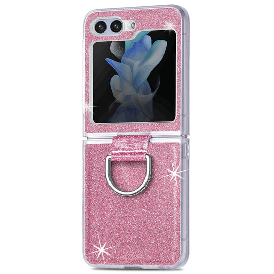 For Samsung Galaxy Z Flip7 FE 5G / Z Flip6 5G Case Leather+PC Glitter Phone Cover Rhinestone Ring Holder - Pink