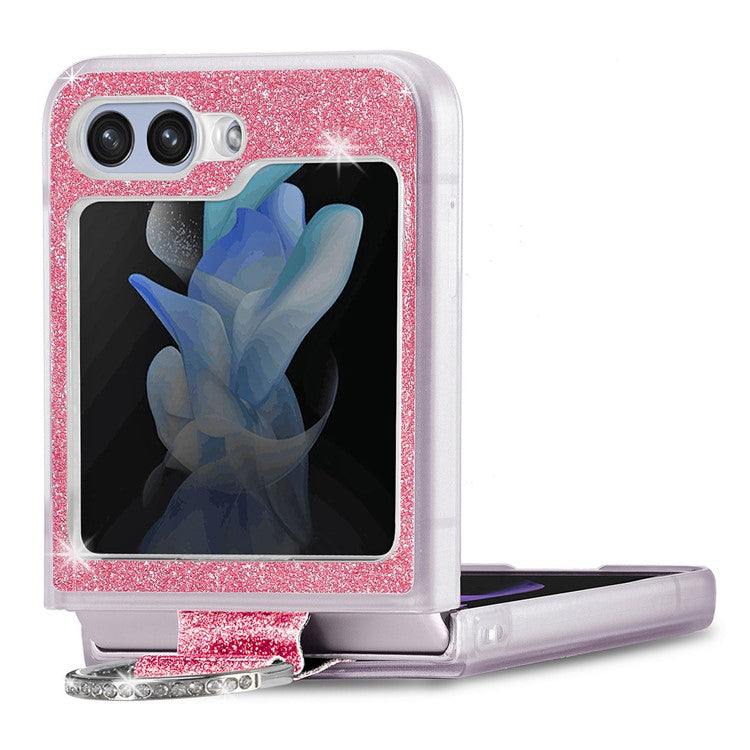 For Samsung Galaxy Z Flip6 5G Case Leather+PC Glitter Phone Cover Rhinestone Ring Holder - Pink