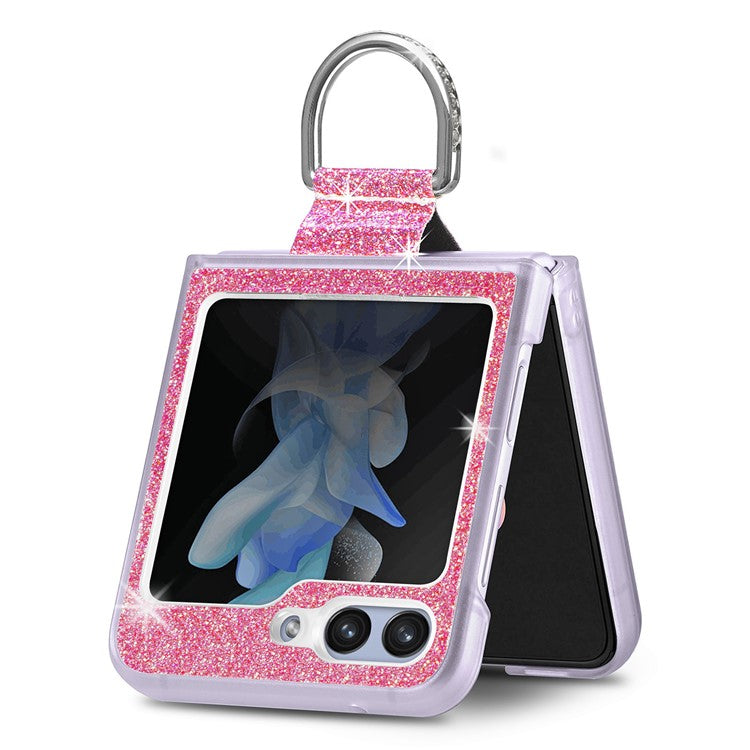 For Samsung Galaxy Z Flip6 5G Case Leather+PC Glitter Phone Cover Rhinestone Ring Holder - Pink