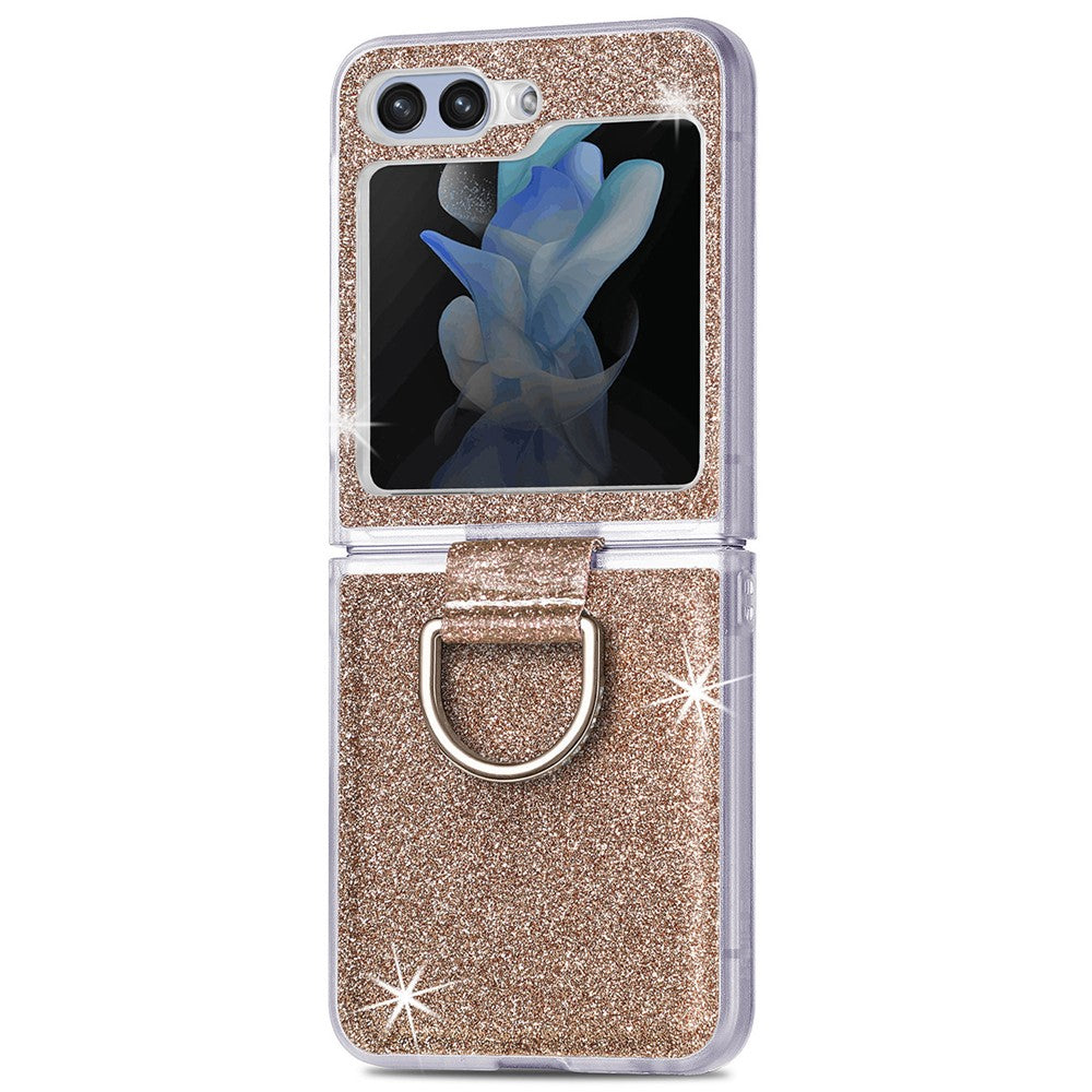 For Samsung Galaxy Z Flip7 FE 5G / Z Flip6 5G Case Leather+PC Glitter Phone Cover Rhinestone Ring Holder - Gold