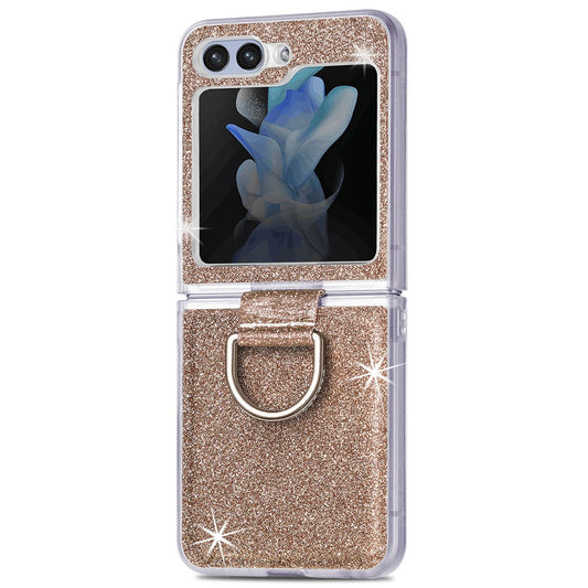 For Samsung Galaxy Z Flip7 FE 5G / Z Flip6 5G Case Leather+PC Glitter Phone Cover Rhinestone Ring Holder - Gold