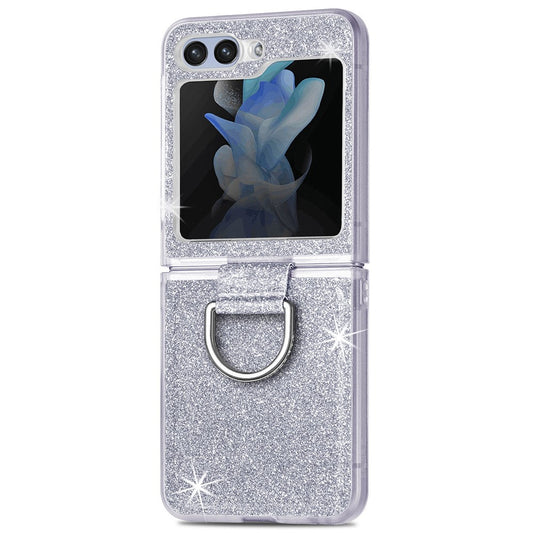 For Samsung Galaxy Z Flip7 FE 5G / Z Flip6 5G Case Leather+PC Glitter Phone Cover Rhinestone Ring Holder - Silver