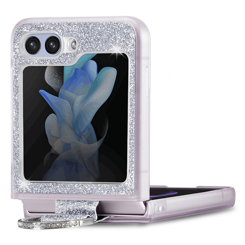 For Samsung Galaxy Z Flip7 FE 5G / Z Flip6 5G Case Leather+PC Glitter Phone Cover Rhinestone Ring Holder - Silver