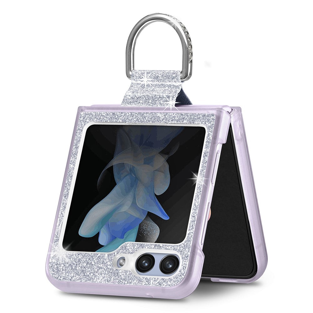 For Samsung Galaxy Z Flip7 FE 5G / Z Flip6 5G Case Leather+PC Glitter Phone Cover Rhinestone Ring Holder - Silver