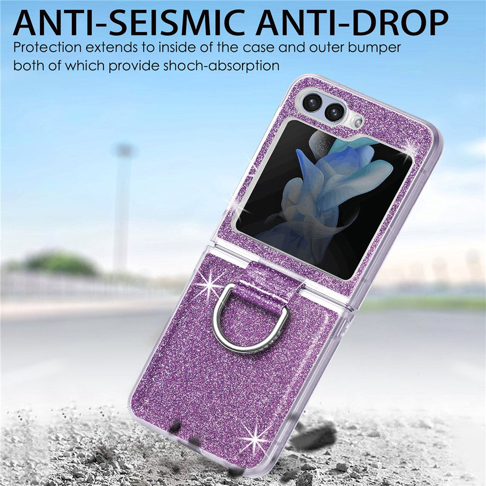 For Samsung Galaxy Z Flip7 FE 5G / Z Flip6 5G Case Leather+PC Glitter Phone Cover Rhinestone Ring Holder - Purple
