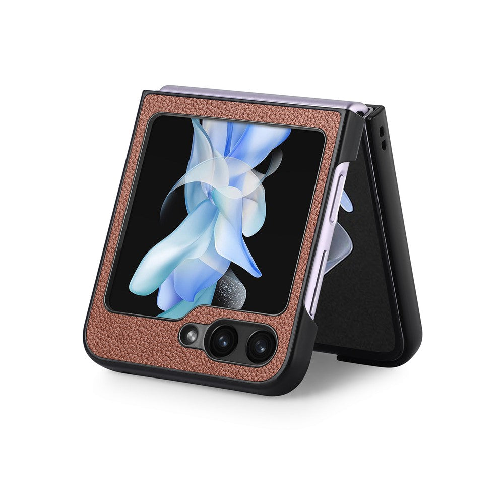 For Samsung Galaxy Z Flip7 FE 5G / Z Flip6 5G Case Litchi Texture PU Leather+PC Phone Cover - Brown