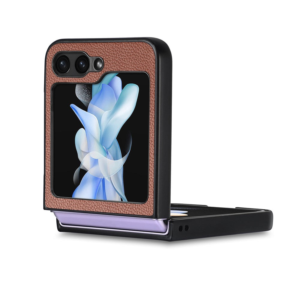 For Samsung Galaxy Z Flip7 FE 5G / Z Flip6 5G Case Litchi Texture PU Leather+PC Phone Cover - Brown