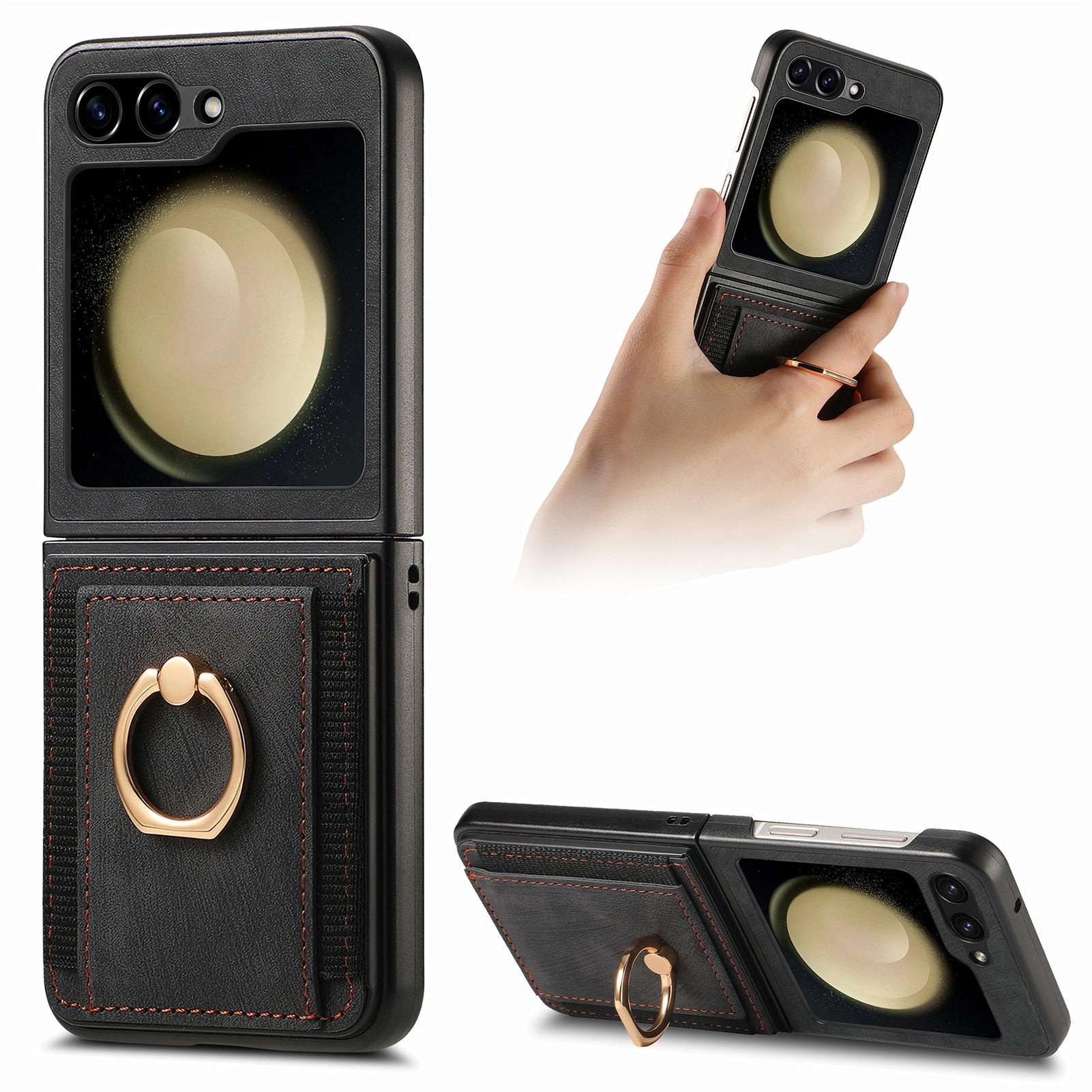 D2 For Samsung Galaxy Z Flip6 5G Case Card Slot Leather+PC Retro Phone Cover Ring Holder Kickstand - Black