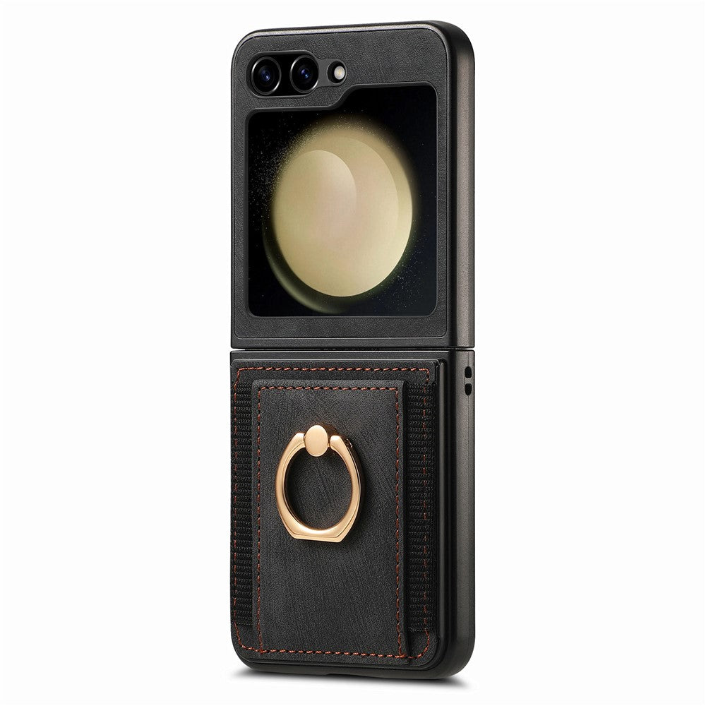 D2 For Samsung Galaxy Z Flip7 FE 5G / Z Flip6 5G Case Card Slot Leather+PC Retro Phone Cover Ring Holder Kickstand - Black