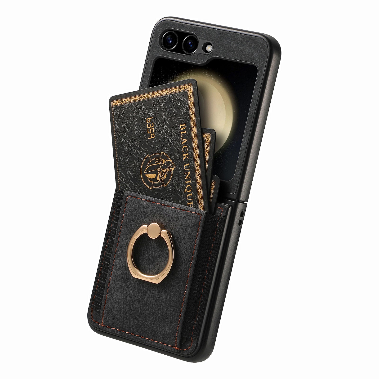 D2 For Samsung Galaxy Z Flip6 5G Case Card Slot Leather+PC Retro Phone Cover Ring Holder Kickstand - Black