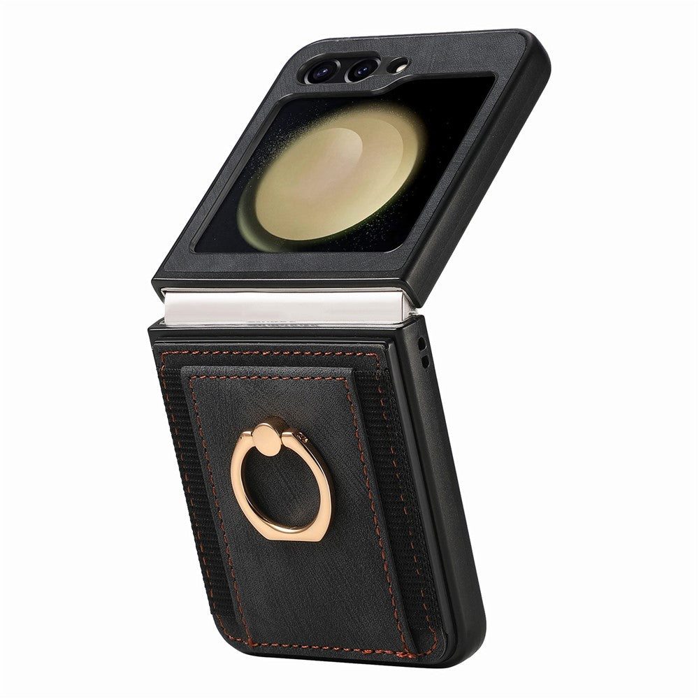 D2 For Samsung Galaxy Z Flip7 FE 5G / Z Flip6 5G Case Card Slot Leather+PC Retro Phone Cover Ring Holder Kickstand - Black