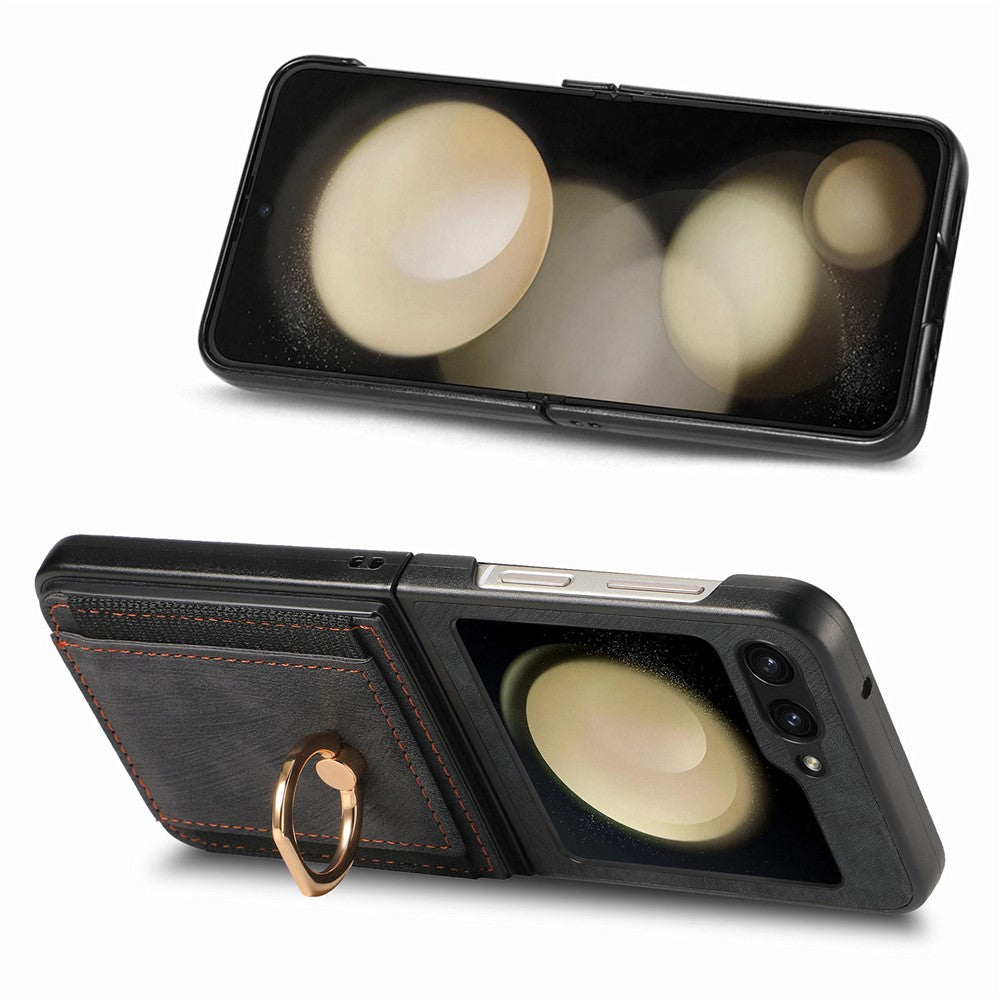 D2 For Samsung Galaxy Z Flip7 FE 5G / Z Flip6 5G Case Card Slot Leather+PC Retro Phone Cover Ring Holder Kickstand - Black