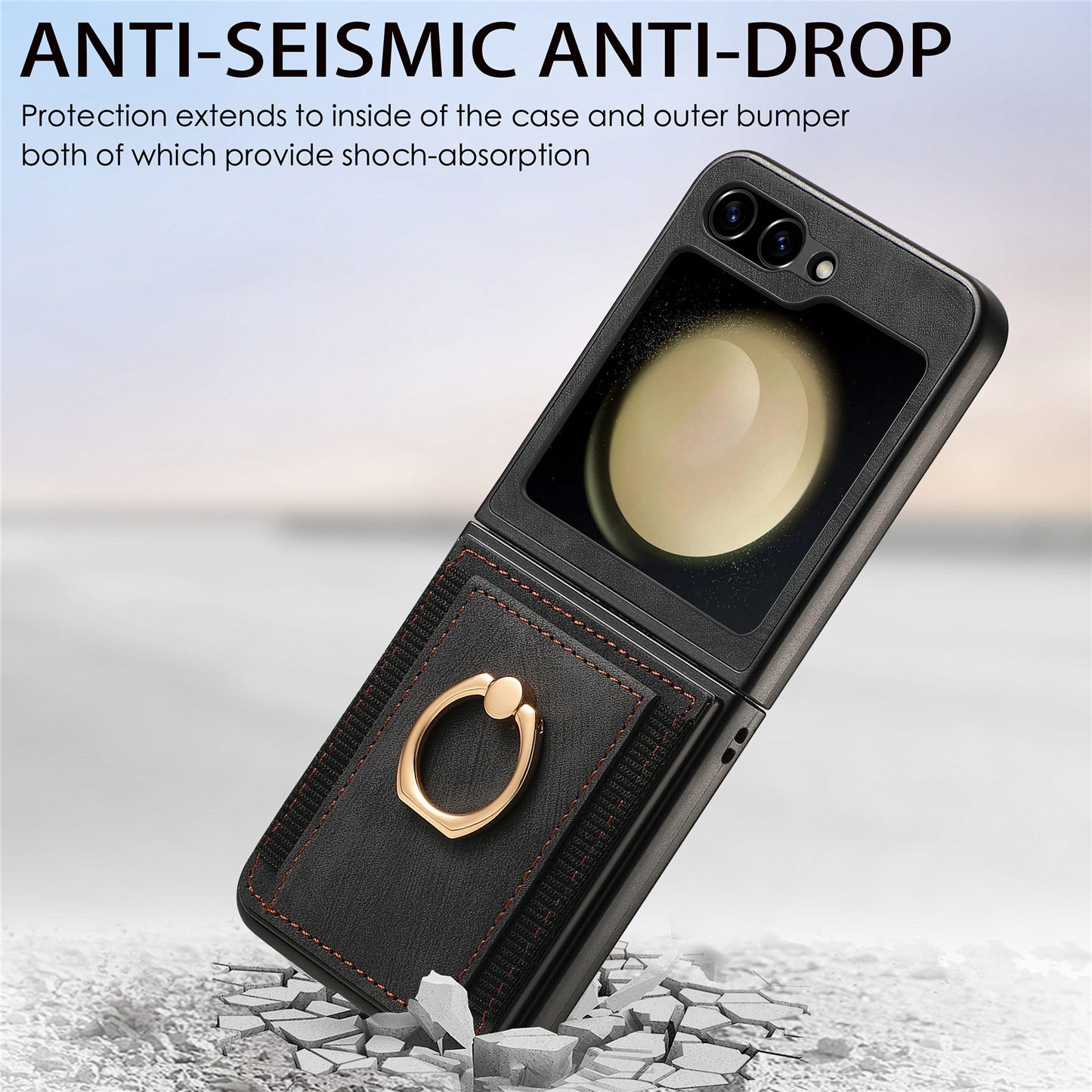 D2 For Samsung Galaxy Z Flip6 5G Case Card Slot Leather+PC Retro Phone Cover Ring Holder Kickstand - Black