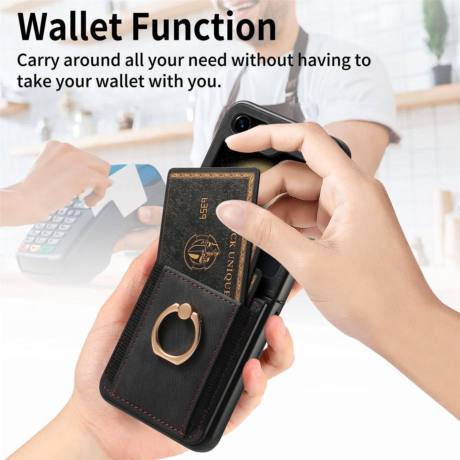 D2 For Samsung Galaxy Z Flip6 5G Case Card Slot Leather+PC Retro Phone Cover Ring Holder Kickstand - Black
