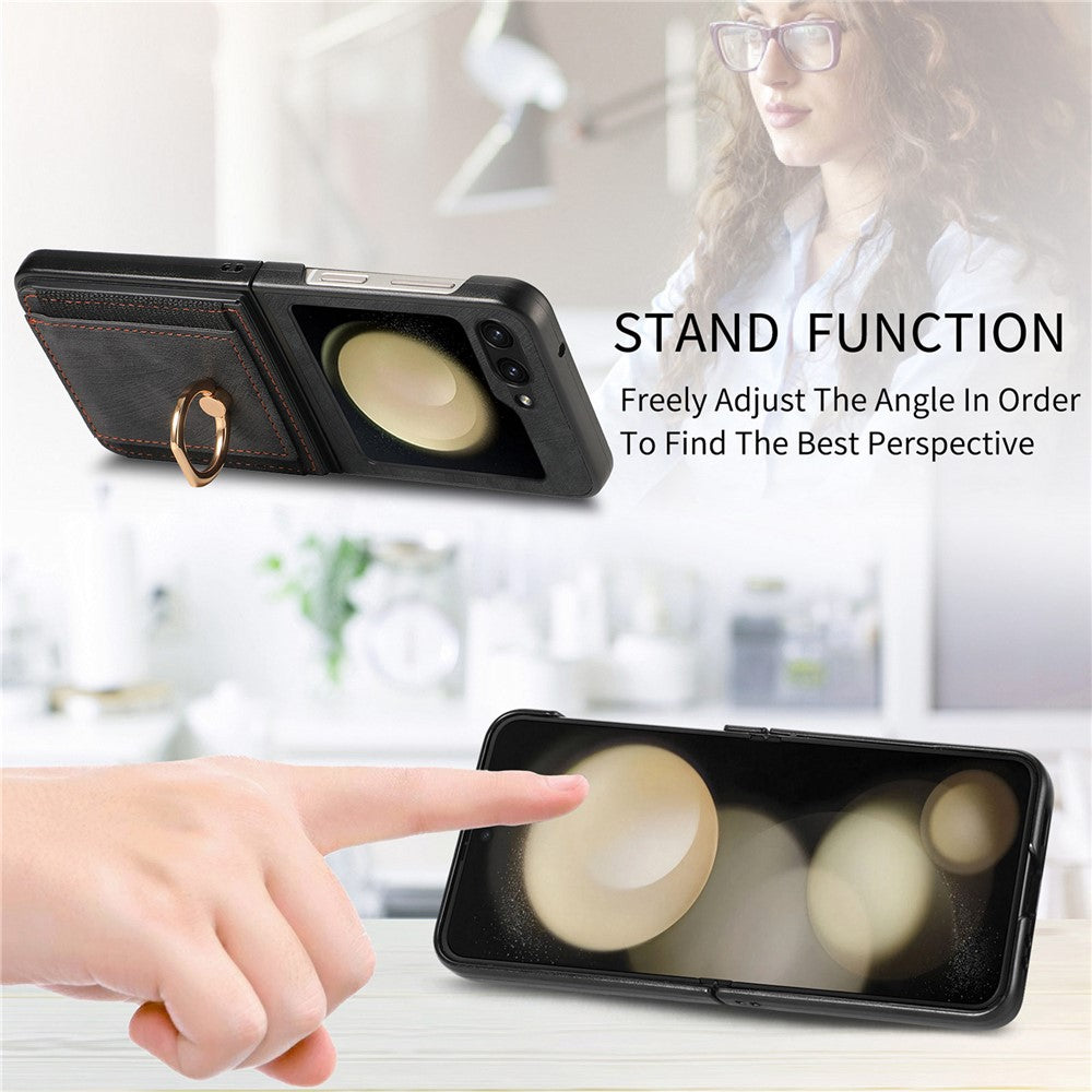 D2 For Samsung Galaxy Z Flip7 FE 5G / Z Flip6 5G Case Card Slot Leather+PC Retro Phone Cover Ring Holder Kickstand - Black