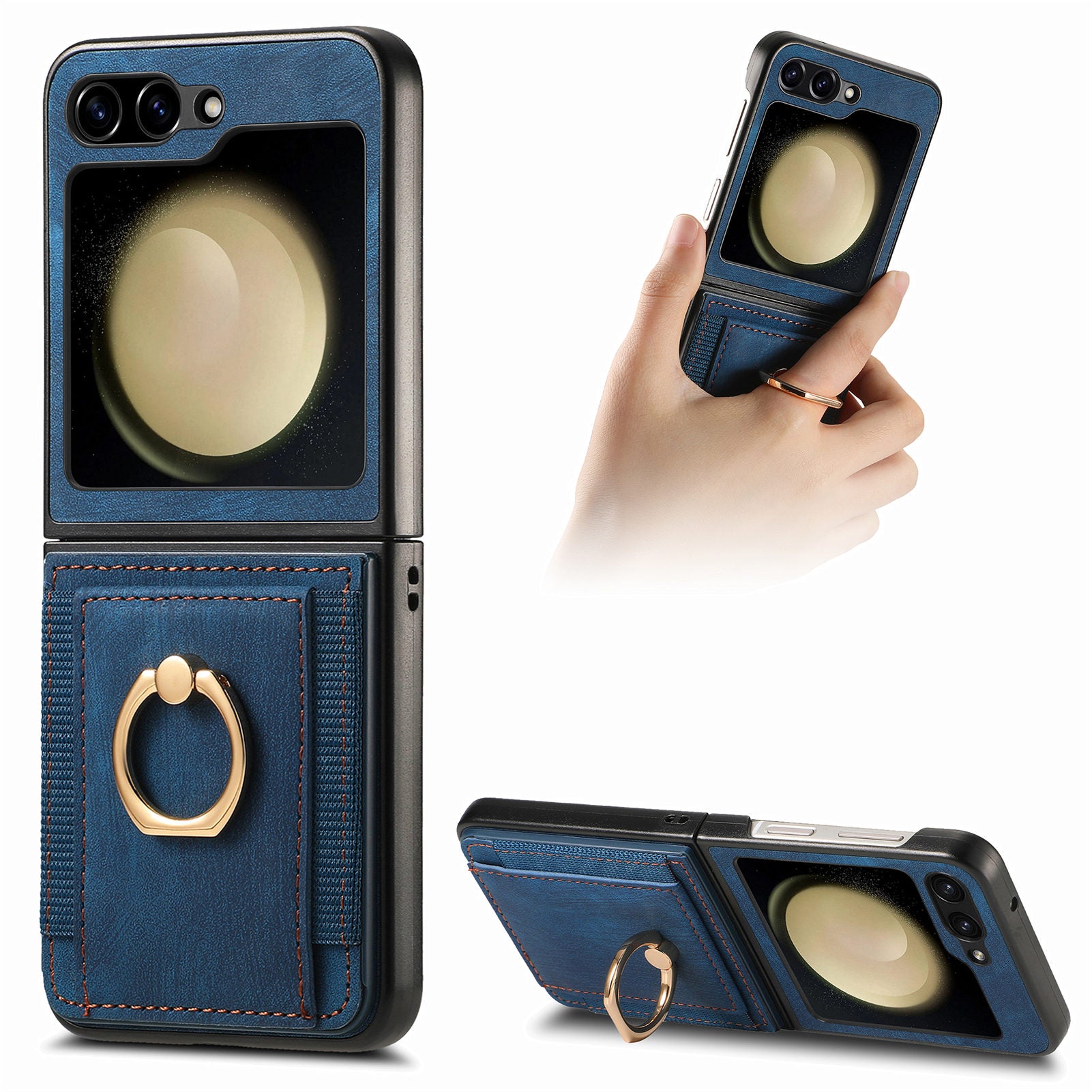 D2 For Samsung Galaxy Z Flip6 5G Case Card Slot Leather+PC Retro Phone Cover Ring Holder Kickstand - Blue