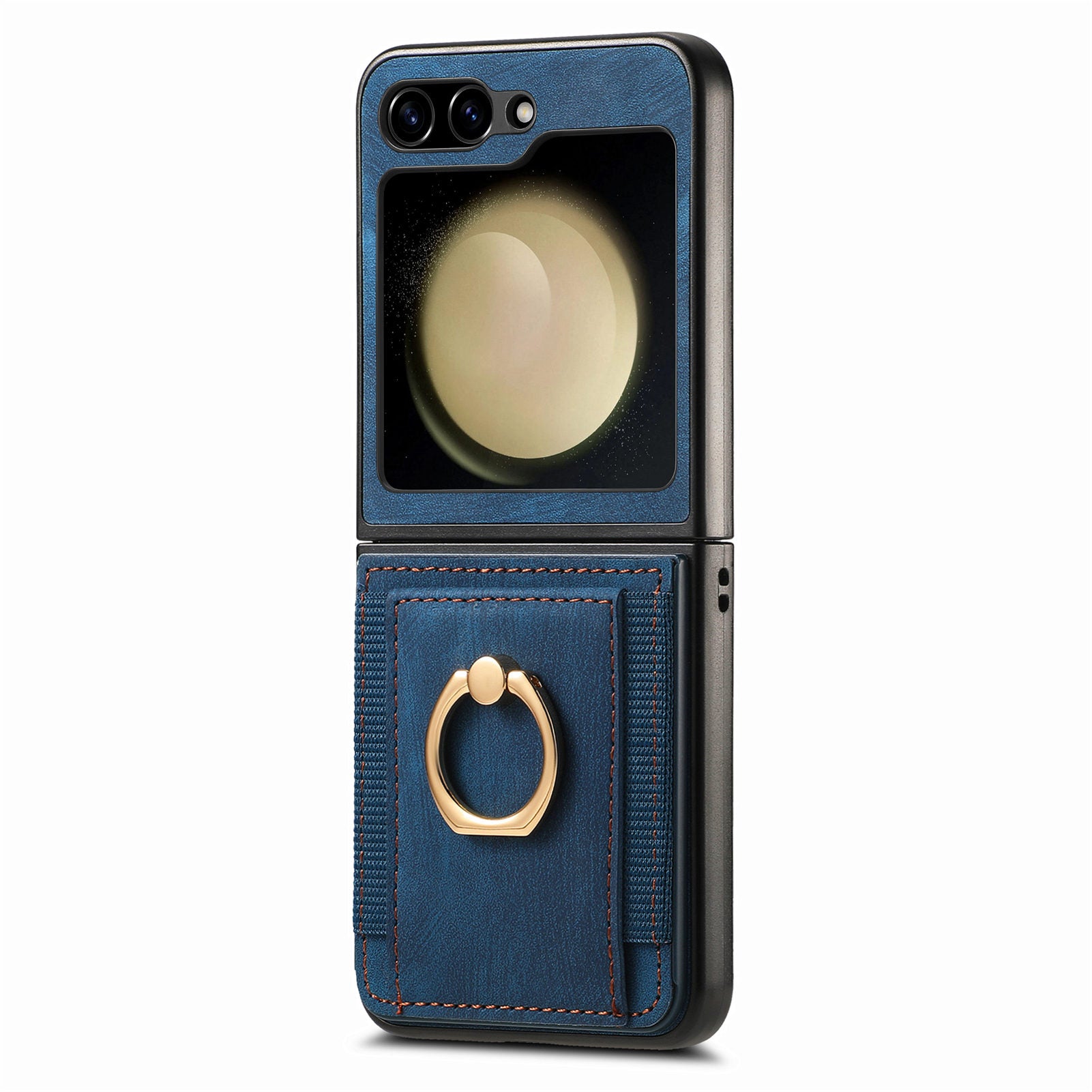 D2 For Samsung Galaxy Z Flip6 5G Case Card Slot Leather+PC Retro Phone Cover Ring Holder Kickstand - Blue