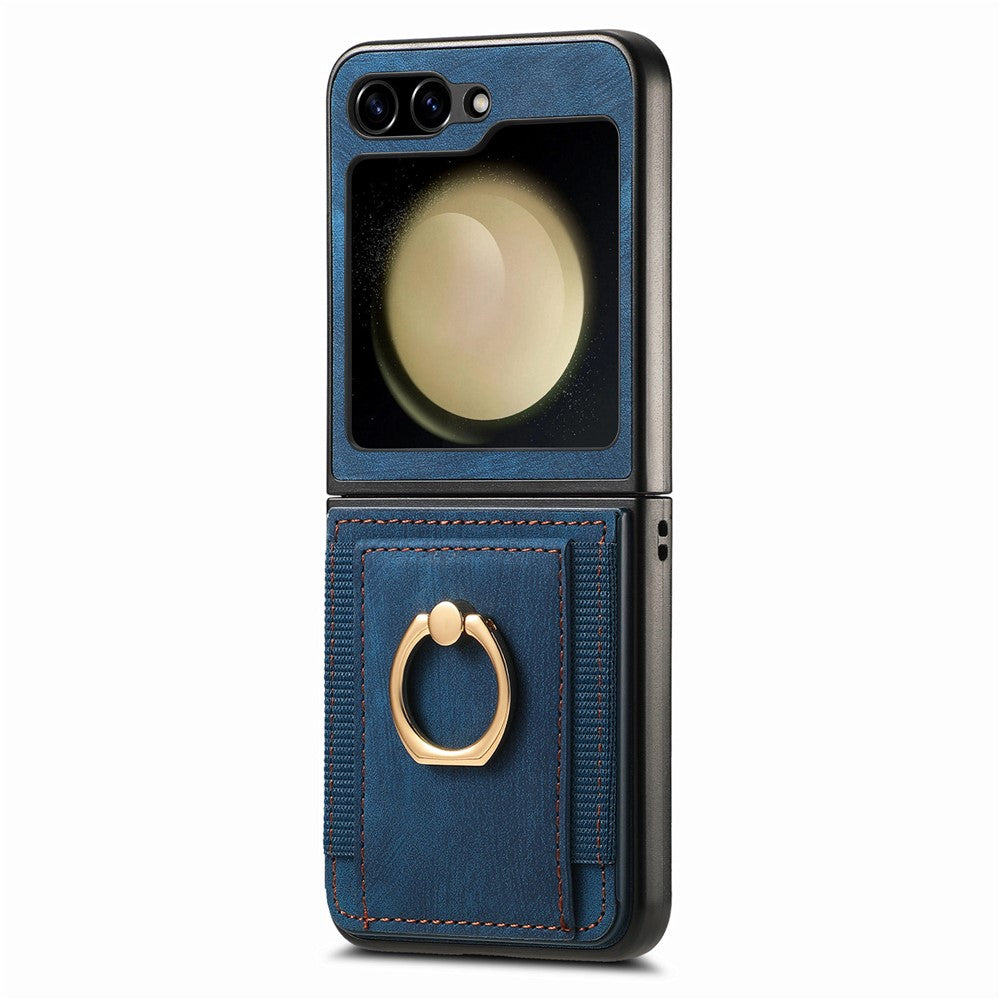 D2 For Samsung Galaxy Z Flip7 FE 5G / Z Flip6 5G Case Card Slot Leather+PC Retro Phone Cover Ring Holder Kickstand - Blue