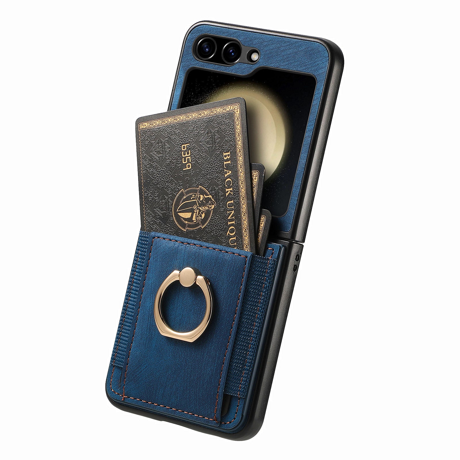 D2 For Samsung Galaxy Z Flip6 5G Case Card Slot Leather+PC Retro Phone Cover Ring Holder Kickstand - Blue