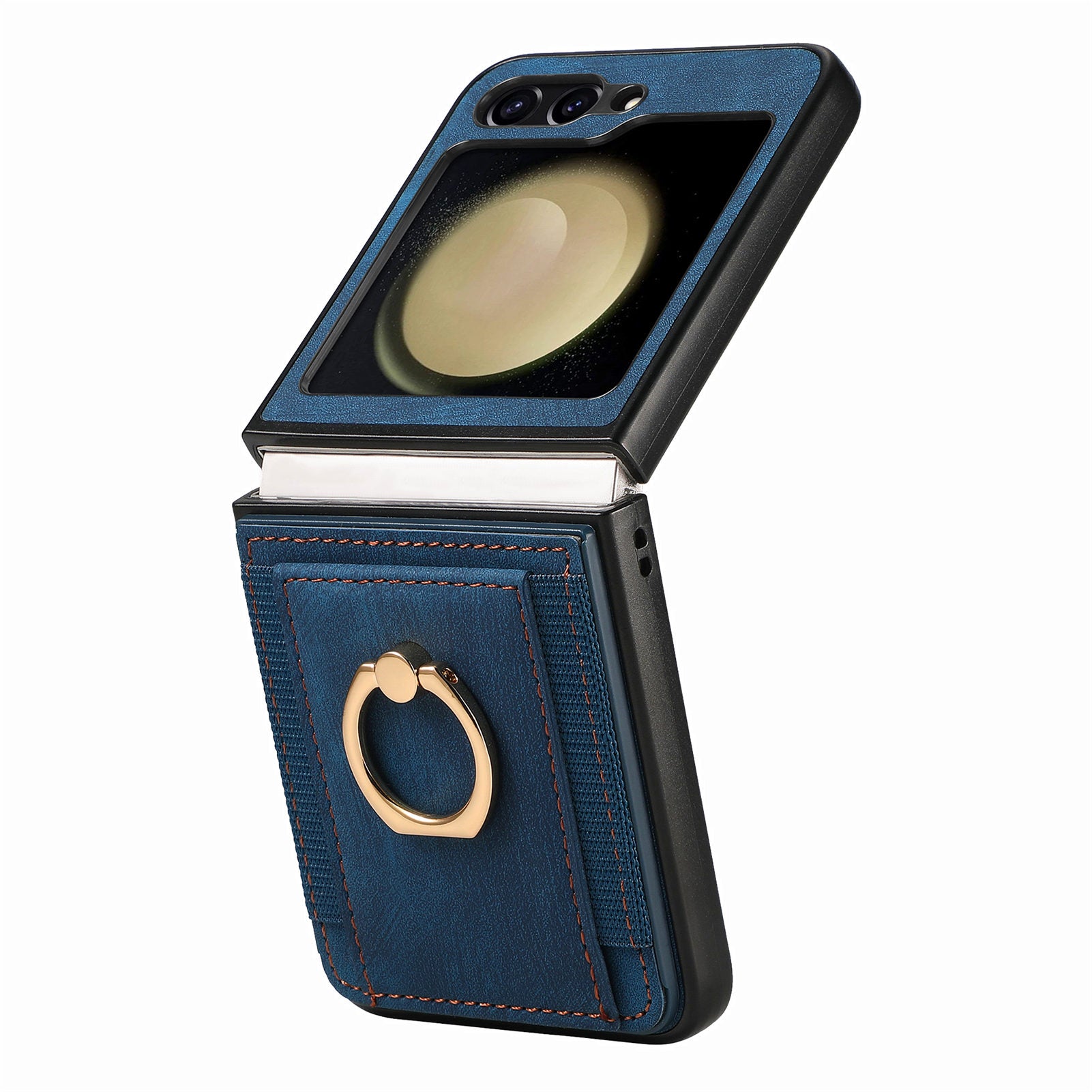 D2 For Samsung Galaxy Z Flip6 5G Case Card Slot Leather+PC Retro Phone Cover Ring Holder Kickstand - Blue