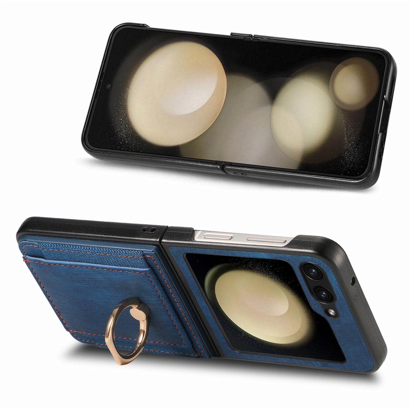 D2 For Samsung Galaxy Z Flip6 5G Case Card Slot Leather+PC Retro Phone Cover Ring Holder Kickstand - Blue