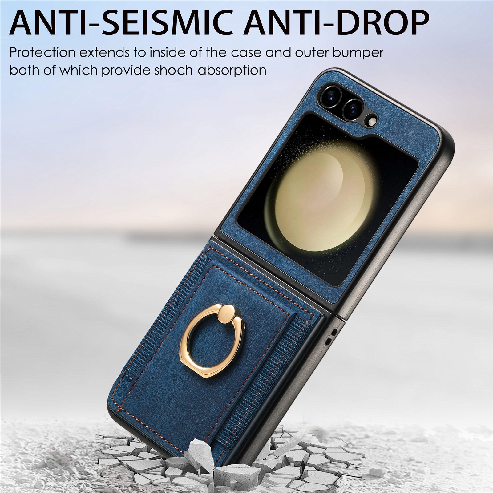D2 For Samsung Galaxy Z Flip6 5G Case Card Slot Leather+PC Retro Phone Cover Ring Holder Kickstand - Blue