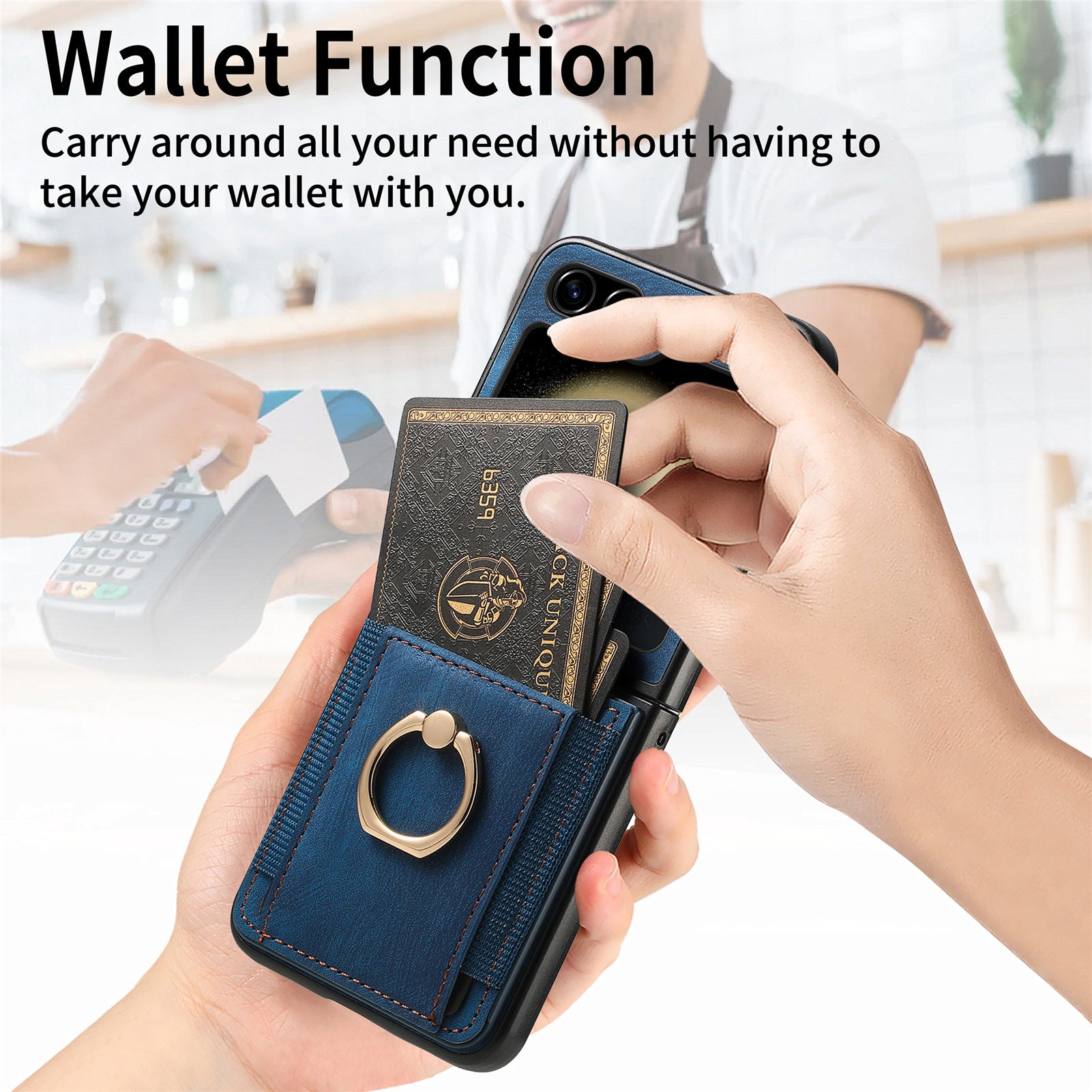D2 For Samsung Galaxy Z Flip6 5G Case Card Slot Leather+PC Retro Phone Cover Ring Holder Kickstand - Blue