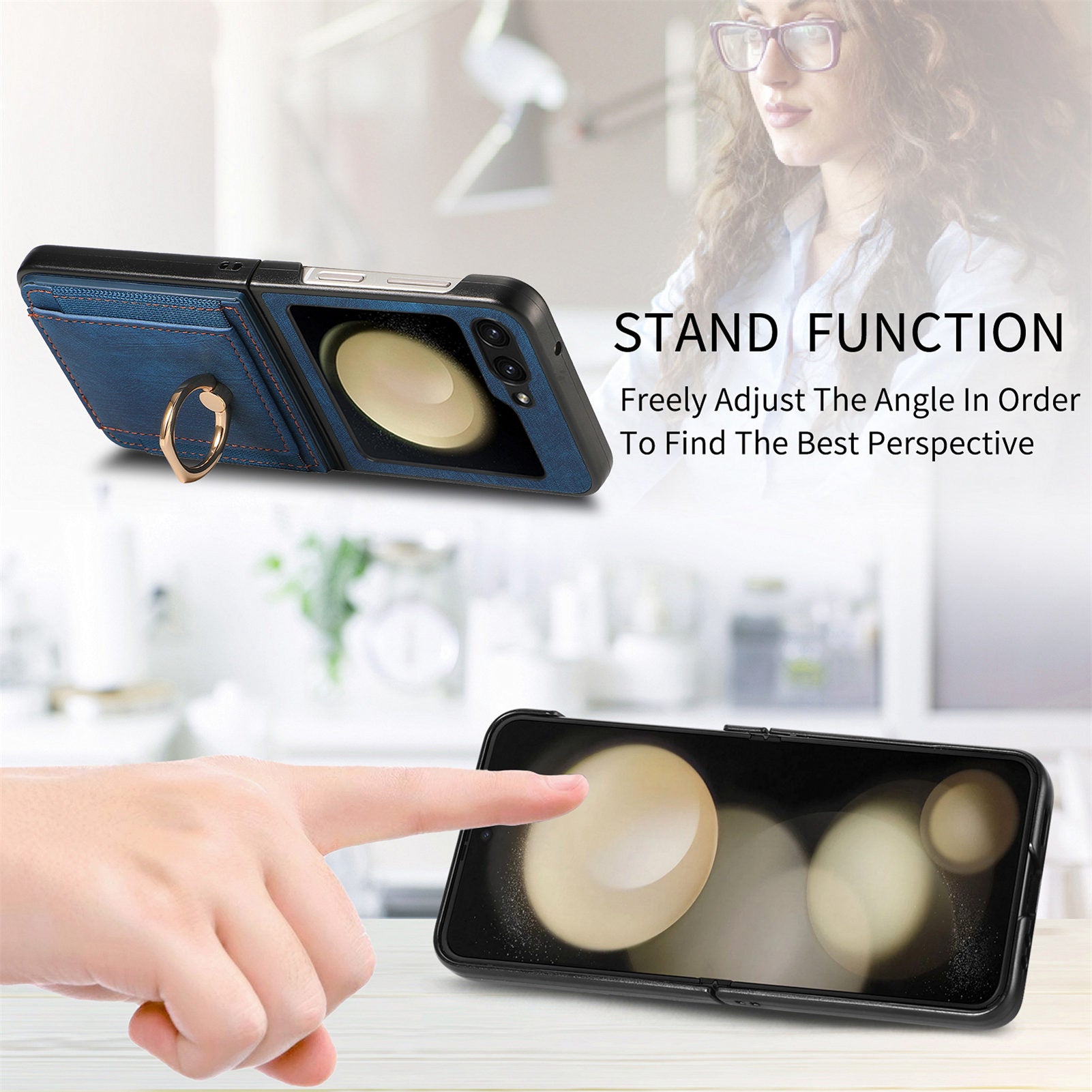D2 For Samsung Galaxy Z Flip6 5G Case Card Slot Leather+PC Retro Phone Cover Ring Holder Kickstand - Blue