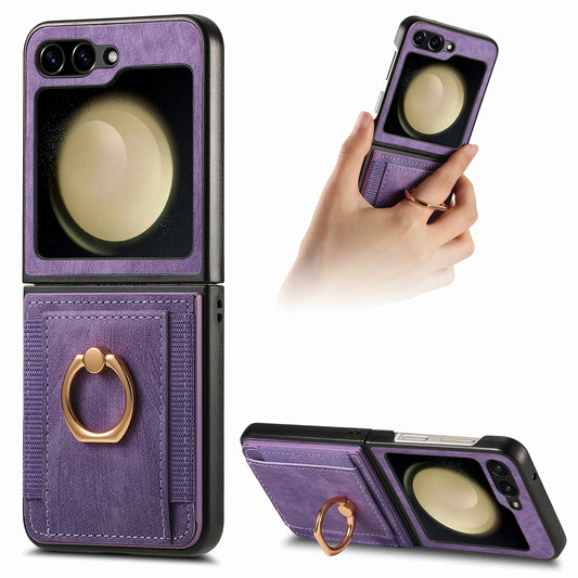 D2 For Samsung Galaxy Z Flip6 5G Case Card Slot Leather+PC Retro Phone Cover Ring Holder Kickstand - Purple