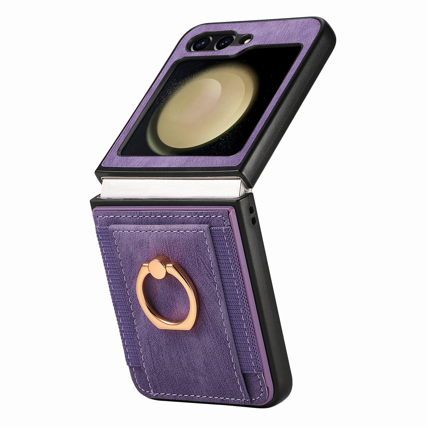 D2 For Samsung Galaxy Z Flip6 5G Case Card Slot Leather+PC Retro Phone Cover Ring Holder Kickstand - Purple