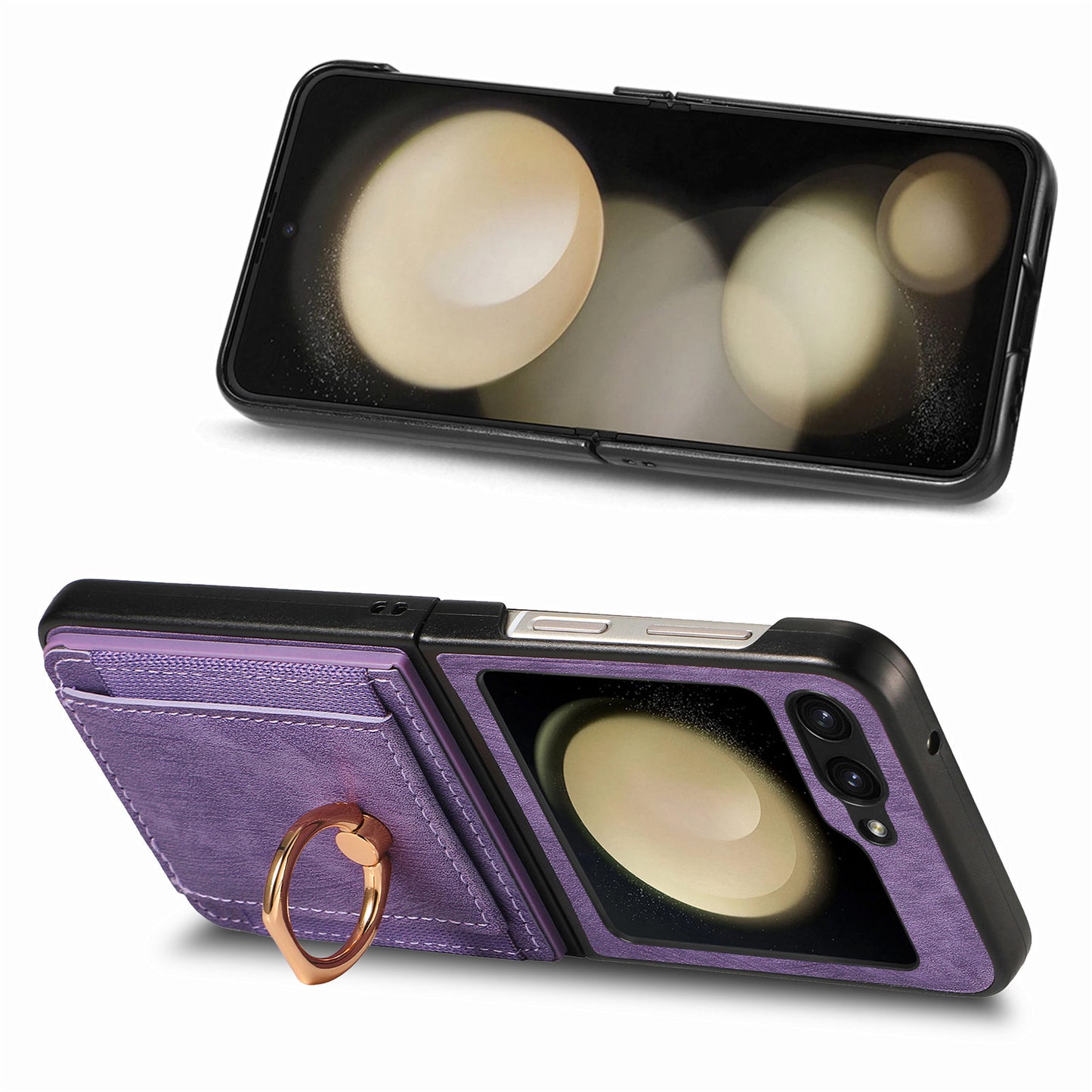 D2 For Samsung Galaxy Z Flip6 5G Case Card Slot Leather+PC Retro Phone Cover Ring Holder Kickstand - Purple