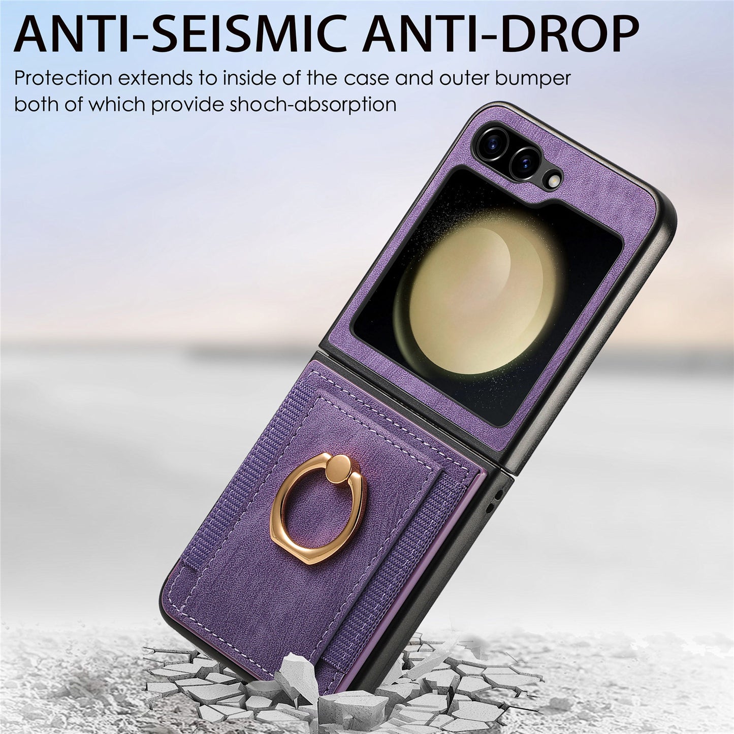 D2 For Samsung Galaxy Z Flip6 5G Case Card Slot Leather+PC Retro Phone Cover Ring Holder Kickstand - Purple