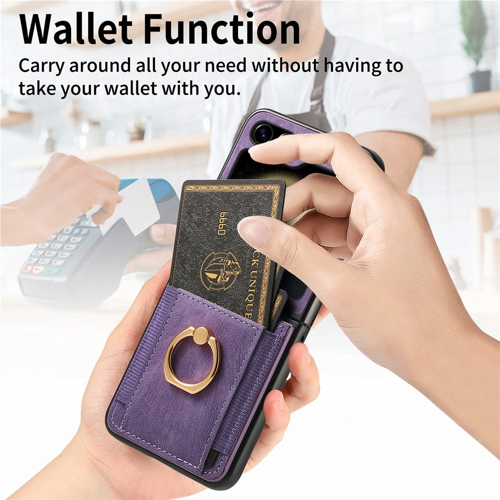 D2 For Samsung Galaxy Z Flip7 FE 5G / Z Flip6 5G Case Card Slot Leather+PC Retro Phone Cover Ring Holder Kickstand - Purple