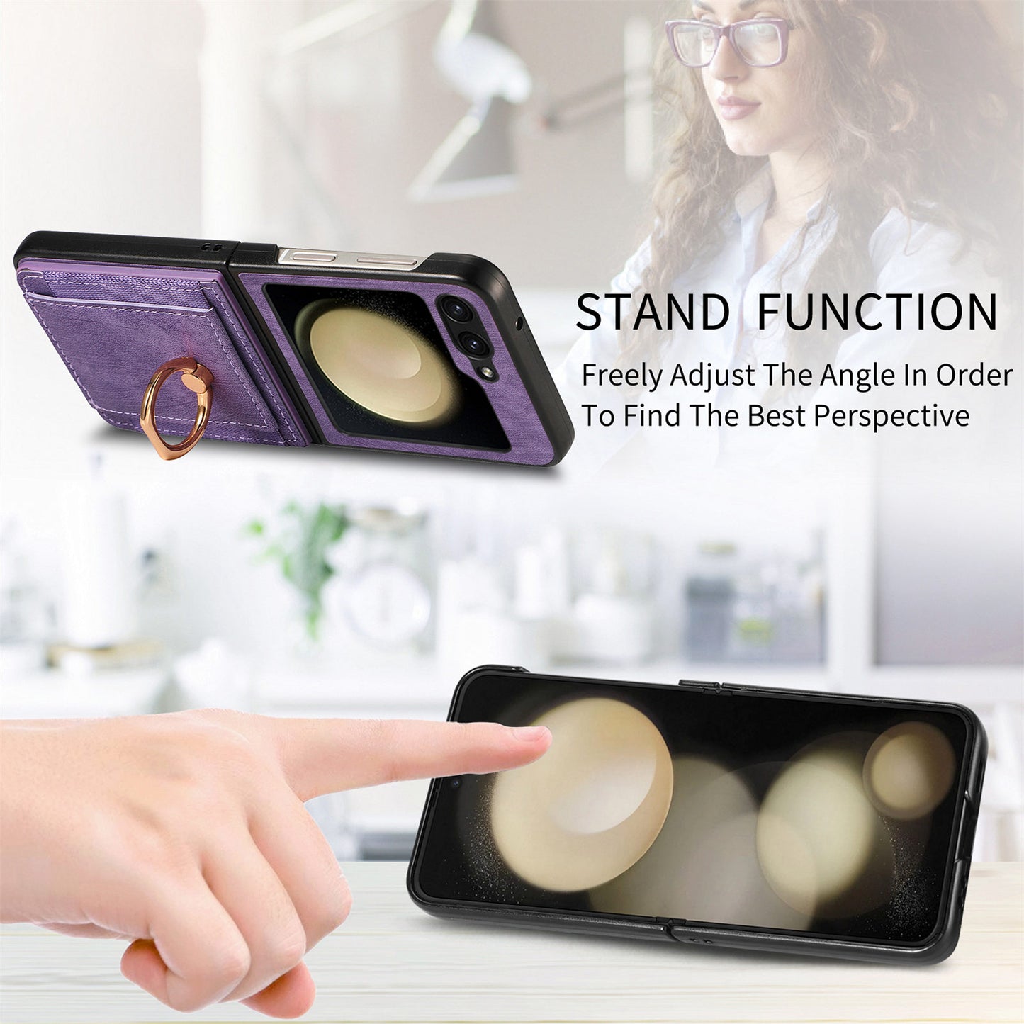 D2 For Samsung Galaxy Z Flip6 5G Case Card Slot Leather+PC Retro Phone Cover Ring Holder Kickstand - Purple