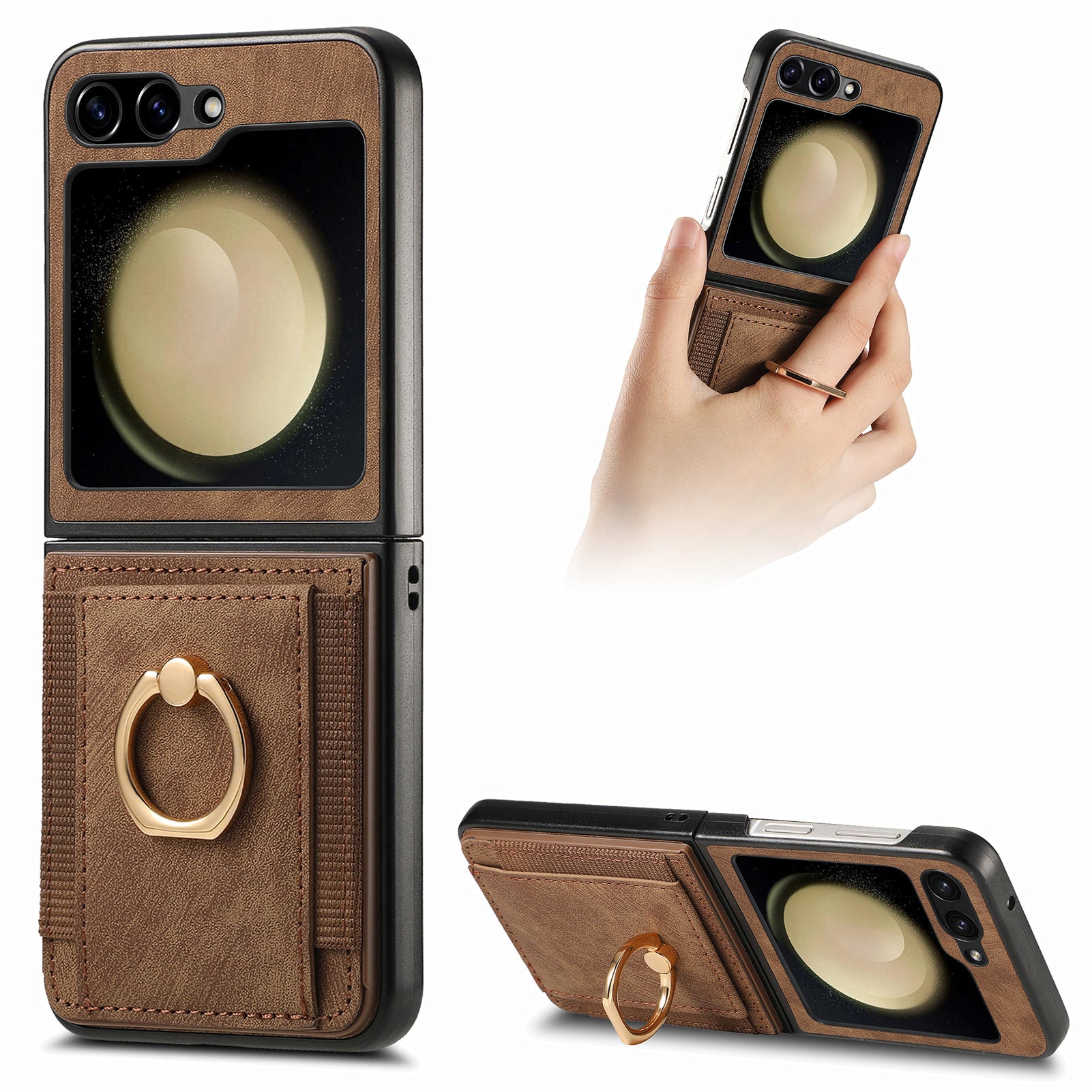D2 For Samsung Galaxy Z Flip6 5G Case Card Slot Leather+PC Retro Phone Cover Ring Holder Kickstand - Brown